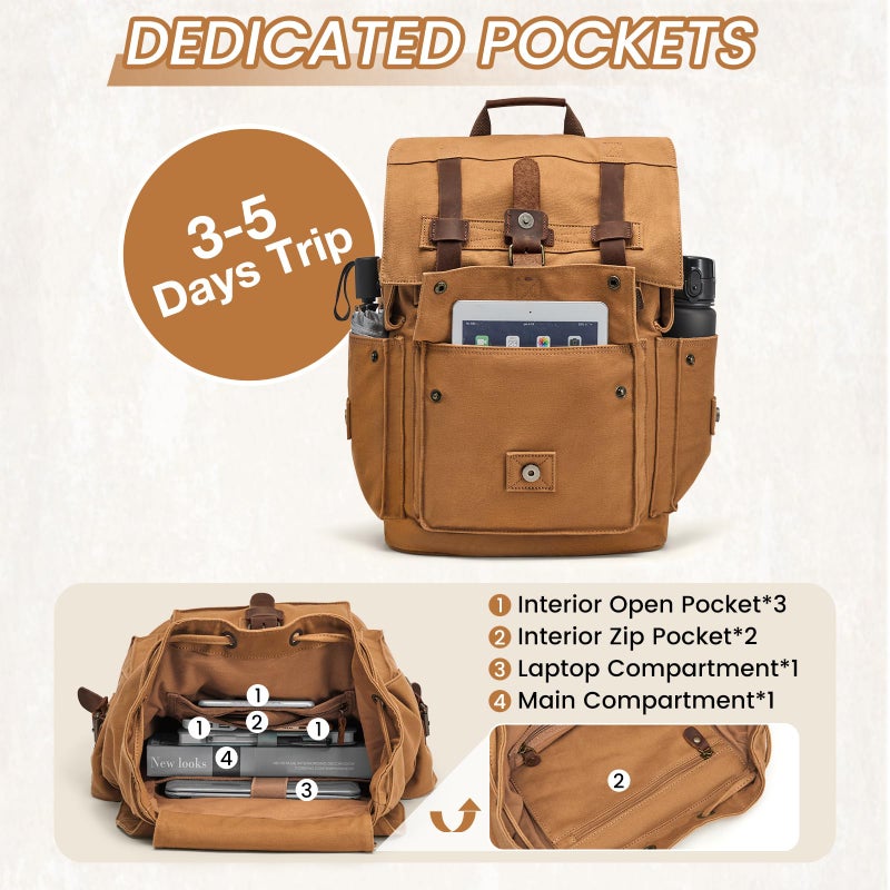 Kattee Menâ€™s Leather Canvas Backpack Large School Bag Travel Rucksack Khaki - Image 5